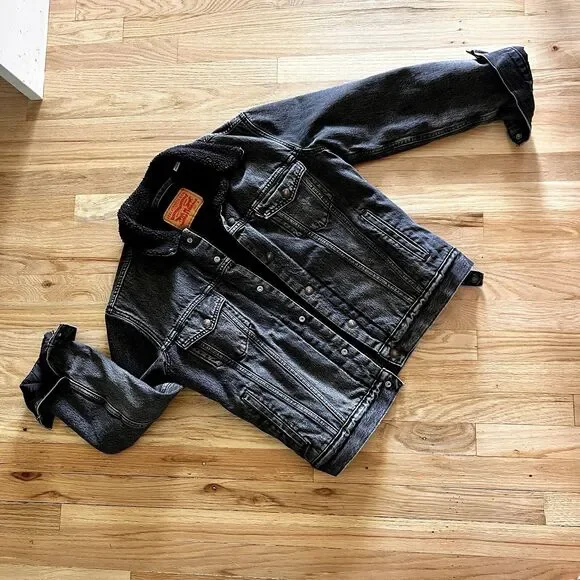 Levis relaxed fit‎ Trucker Sherpa Denim Jacket faded black Lined Small casual